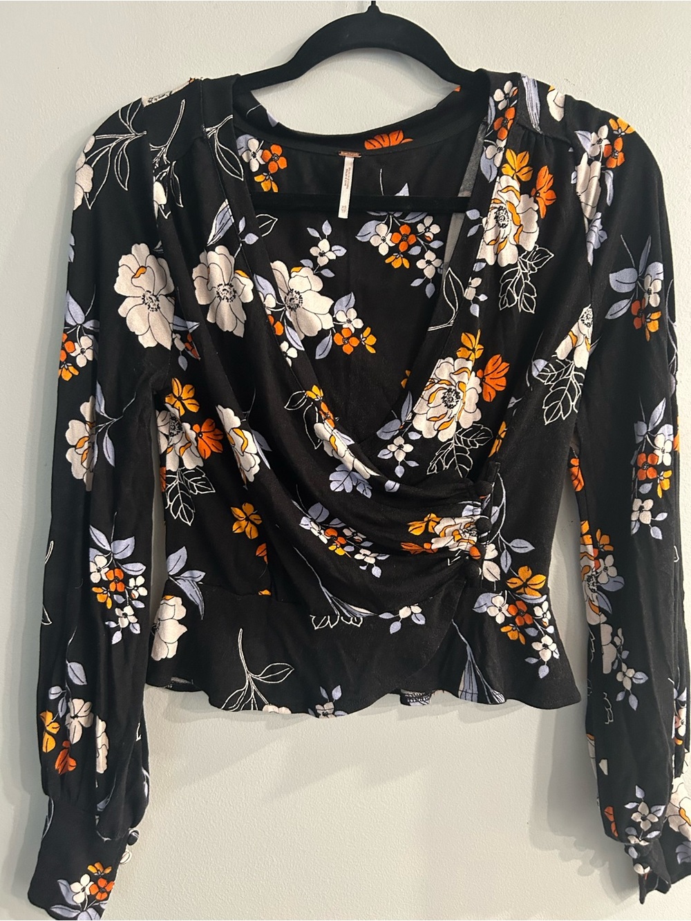 Free People Black Floral Draped Long-Sleeve Women’s Top